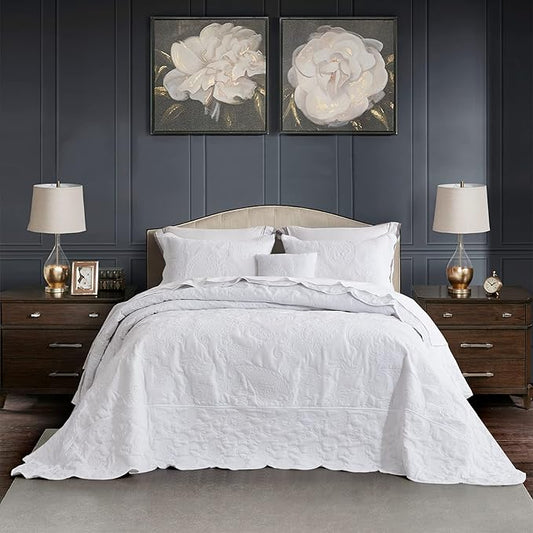 HZ & HY Queen Size Bedspread, Quilted Coverlet Bedding Set, Lightweight Thin Comforter, Reversible, Luxurious, 5 Piece, 100% Microfiber, Queen, White