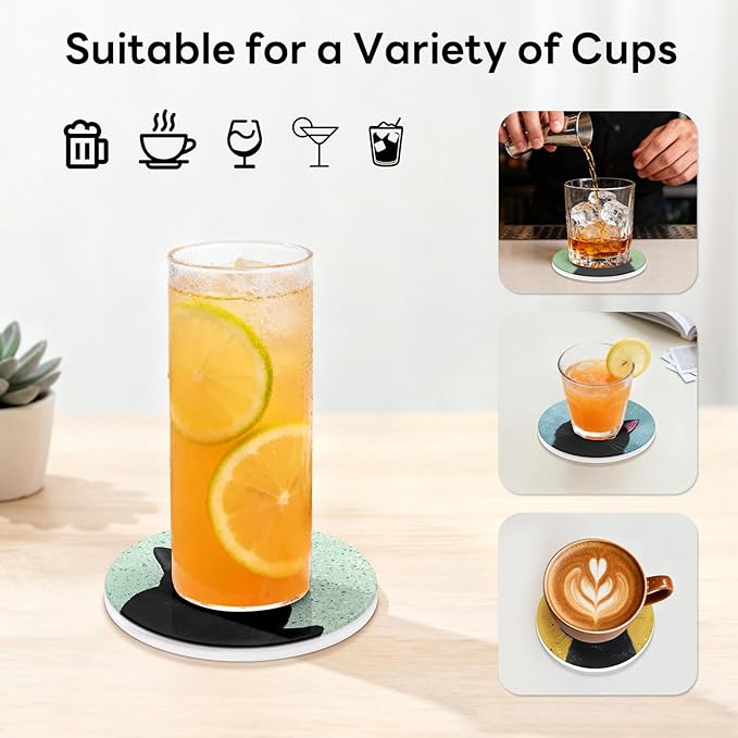 6-Piece Ceramic Coaster Set with Tray Diameter: 3.94 in Thickened Absorbent Material Heat-Resistant and Water-Absorbent Coaster Set Suitable for All Types of Cups， Black Cats