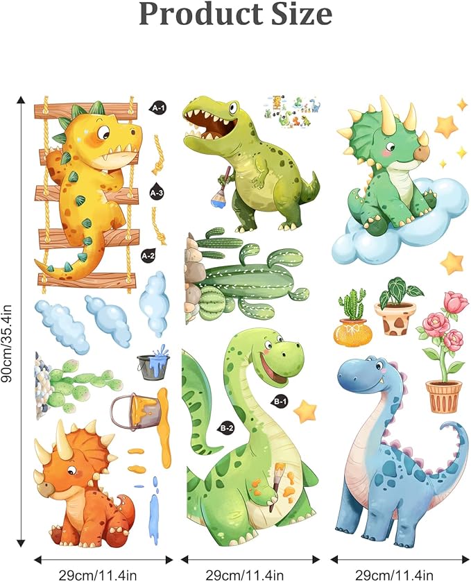 Watercolor Funny Dinosaur Wall Decals, Cartoon Cute Dino Playing Cacti Wall Stickers Vinyl Peel and Stick Wall Decal Self Adhesive Wall Art Sticker for Baby Nursery Kids Room Home Decor