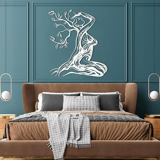Abstract Tree Branch Woman Metal Wall Art, Metal Woman Silhouette Wall Decor, Tree Wall Decor, Feminine Wall Art, Modern Minimalist Line Decoration for Bedroom Bathroom (White, 31"x28"/80x70cm)