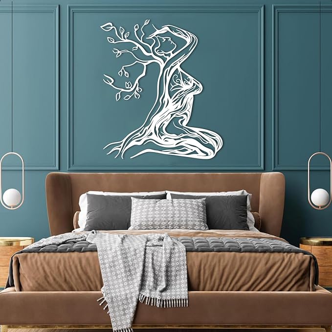 Abstract Tree Branch Woman Metal Wall Art, Metal Woman Silhouette Wall Decor, Tree Wall Decor, Feminine Wall Art, Modern Minimalist Line Decoration for Bedroom Bathroom (White, 39"x35"/100x88cm)