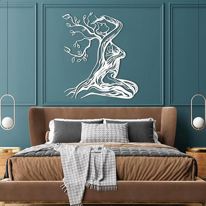 Abstract Tree Branch Woman Metal Wall Art, Metal Woman Silhouette Wall Decor, Tree Wall Decor, Feminine Wall Art, Modern Minimalist Line Decoration for Bedroom Bathroom (White, 39"x35"/100x88cm)
