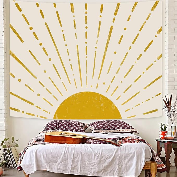 Kanuyee Gold Boho Burning Sun Tapestry Wall Hanging, Retro 70s Abstract Vintage Geometric Line Sunrise Tapestries for Bedroom Living Room Backdrop 36×48 inch