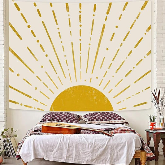 Kanuyee Gold Boho Burning Sun Tapestry Wall Hanging, Retro 70s Abstract Vintage Geometric Line Sunrise Tapestries for Bedroom Living Room Backdrop 36×48 inch