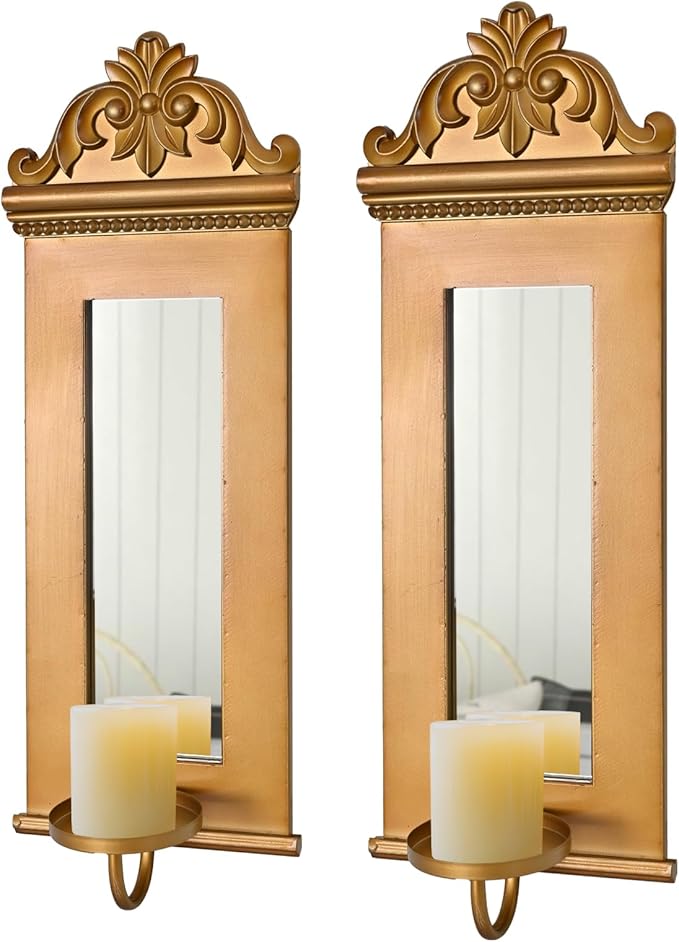 SwallowLiving Candle Sconces Wall Decor Set of 2, Large Antique Gold Wall Candle Holder, 20.5" Tall Hanging Mirrored Decoration for Living Room, Bedroom, Kitchen, Dining Room, Farmhouse Home Decor