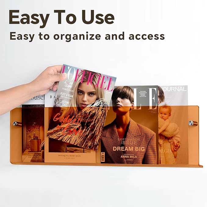2 Pack Acrylic Magazine Holder, Wall Mounted Magazine Rack Floating Bookshelf for Waiting Room, Living Room, Office, Home (Orange, 24 Inch)