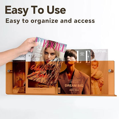 2 Pack Acrylic Magazine Holder, Wall Mounted Magazine Rack Floating Bookshelf for Waiting Room, Living Room, Office, Home (Orange, 24 Inch)