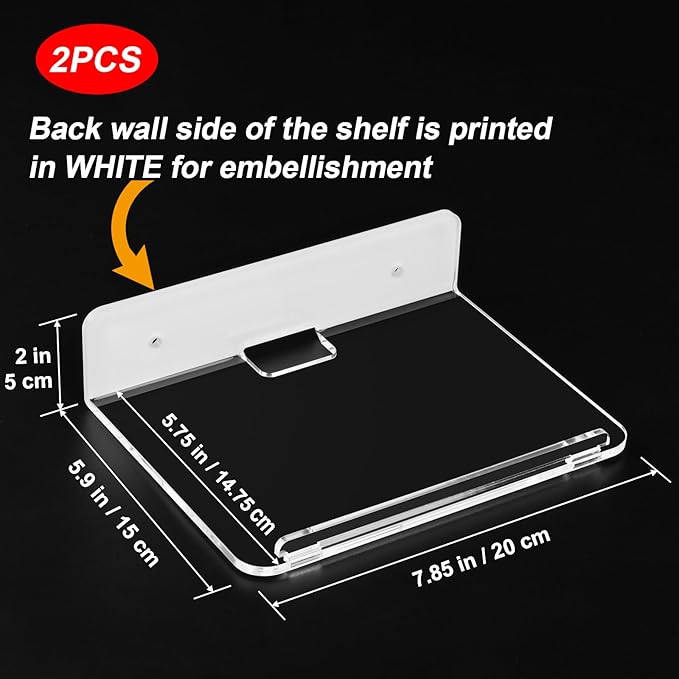 Cosmos Set of 2 Acrylic Floating Wall Shelves Hanging Shelves, Adhesive Wall Display Shelf Stand for Plant Pot, Speaker, Security Camera, Figures in Office and Home, 7.8 x 5.8 Inch (Transparent Clear)