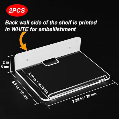 Cosmos Set of 2 Acrylic Floating Wall Shelves Hanging Shelves, Adhesive Wall Display Shelf Stand for Plant Pot, Speaker, Security Camera, Figures in Office and Home, 7.8 x 5.8 Inch (Transparent Clear)