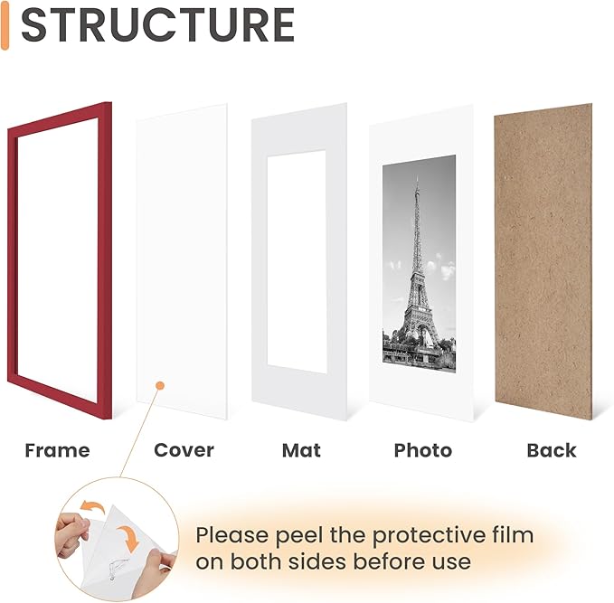upsimples 11x14 Picture Frame Set of 5, Display Pictures 8x10 with Mat or 11x14 Without, Wall Gallery Photo Frames, Red