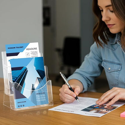 Acrylic Brochure Holder 8.5x11 & 4 x9 Inches, Clear 2 Tier Magazine Holder Brochure Display Stand w Removable Divider, Literature Pamphlet Flyer Holder for Wall Mount or Countertop