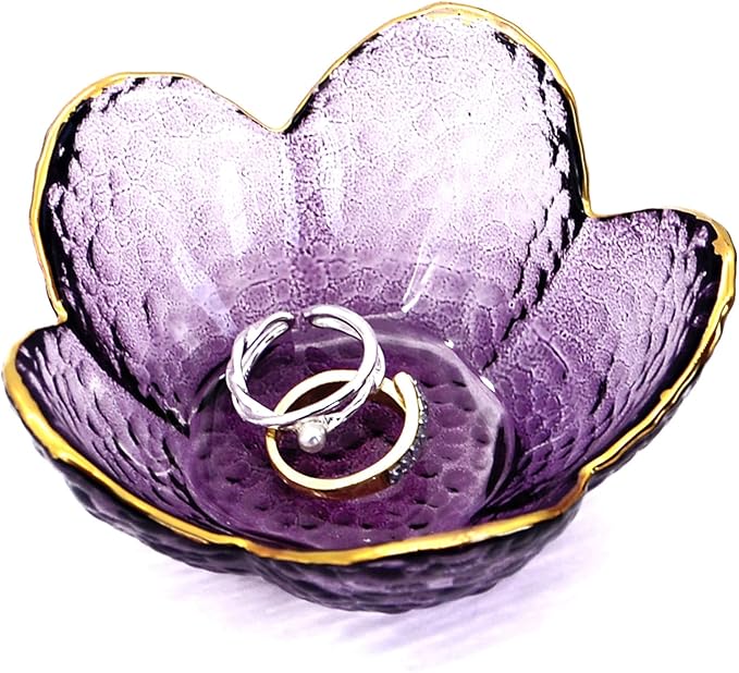 Purple Flower Ring Dish Jewelry Tray, Small Glass Trinket Tray for Rings Earrings, Present for Wife Mom Daughter Women