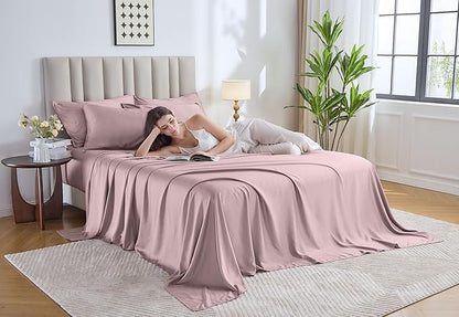 Pure Bamboo King Sheets, Genuine 100% Organic Viscose Derived from Bamboo Bed Sheet Set, Luxuriously Soft & Cooling, Double Stitching, 2 Year Quality Promise (King, Dusty Pink)