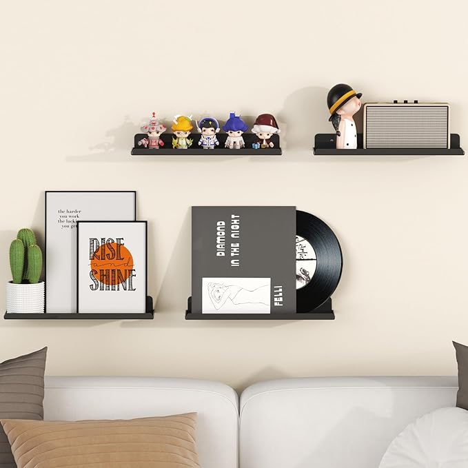 Lifewit Floating Shelves for Bathroom, 15" Acrylic Wall Organizer for Perfume, Makeup, Figures, Nail Polish, Photo, Book, Decor Display Rack for Nursery, Living Room, Bedroom, Kitchen, Black, 6 Pack