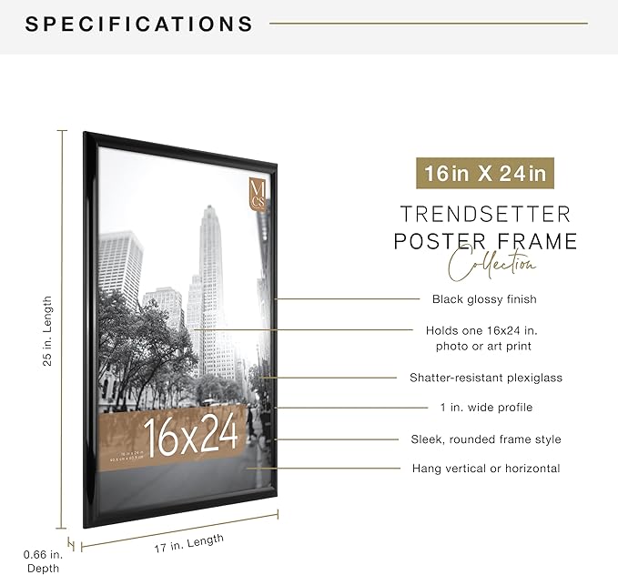 MCS Trendsetter 16x24 Poster Frame Black High-Gloss, Vertical & Horizontal Wall Hanging Large Picture Frame for Photos, Posters & Art Prints (1-Pack)