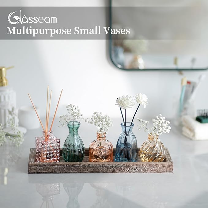 Glasseam Glass Bud Vases for Flower: 5 Colorful Small Vases Set with Rustic Wooden Tray for Home Office Living Room Bathroom - Vintage Table Centerpieces for Birthdays Wedding Housewarming Gifts