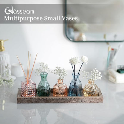Glasseam Glass Bud Vases for Flower: 5 Colorful Small Vases Set with Rustic Wooden Tray for Home Office Living Room Bathroom - Vintage Table Centerpieces for Birthdays Wedding Housewarming Gifts