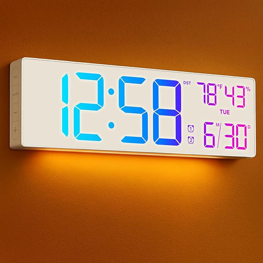 18.5" Large Digital Wall Clock with Remote Control, Big LED Display Digital Clocks with Night Light, Alarm, Countdown, DST, Temp, Date for Living Room, Bedroom, Office, Gift for Seniors(White)