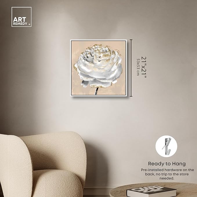 Art Remedy Beige Ranunculus Canvas Elegant White Gold Wall Art, White Frame, 20" x 20"