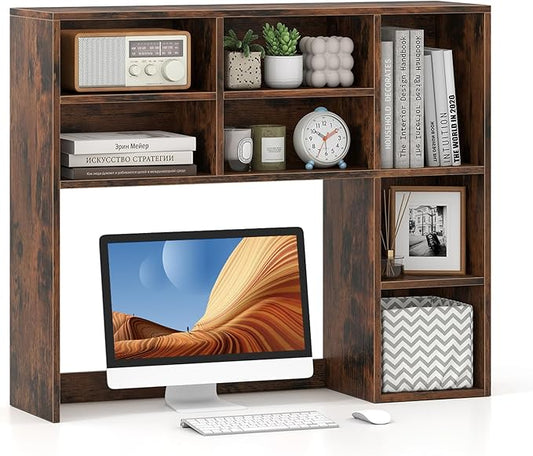 Desk Hutch, Desktop Organizer with 7 Cubes & 3 Adjustable Shelves, 3 Tier Wooden Display Rack, 37” Counter Top Bookshelf for Dorm, College, Home Office, Hutch Top Only