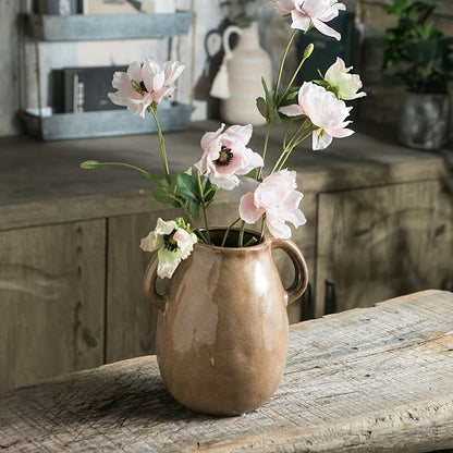 Brown Ceramic Vase with 2 Handles, Modern Farmhouse Decor, Rustic Terracotta Pottery, Decorative Flower Vases, Clay Small Vase, Centerpiece for Dining Table - 7 Inch Tall