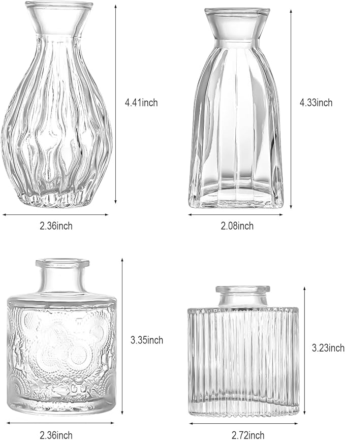 Glass Bud Vases Set of 4, 4 Sizes of Small Flower Vase for Party or Home Table Decorations