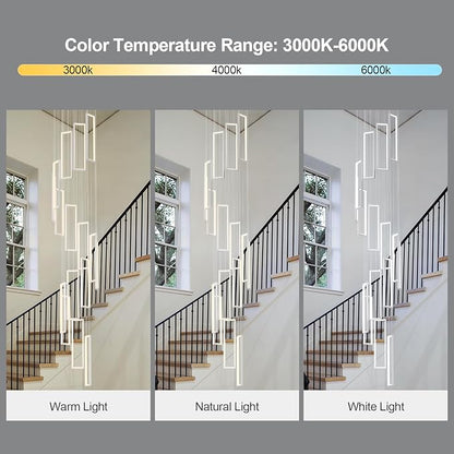 Modern Adjustable Height Pendant Light Fixture White 288W LED Pendant Lights 16 Rings Rectangular Chandelier Staircase Large Chandelier Lobby Living Room Foyer High Ceiling Chandeliers