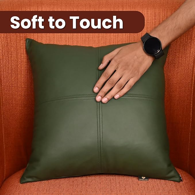 LL LEATHER LOVERS Lambskin Leather Pillow Cover, Hand Panel Stitched Leather Decorative Throw Pillow Covers for Couch Sofa Bed Living Room Garden (20x20 Inches, Dark Green Pack of 2)