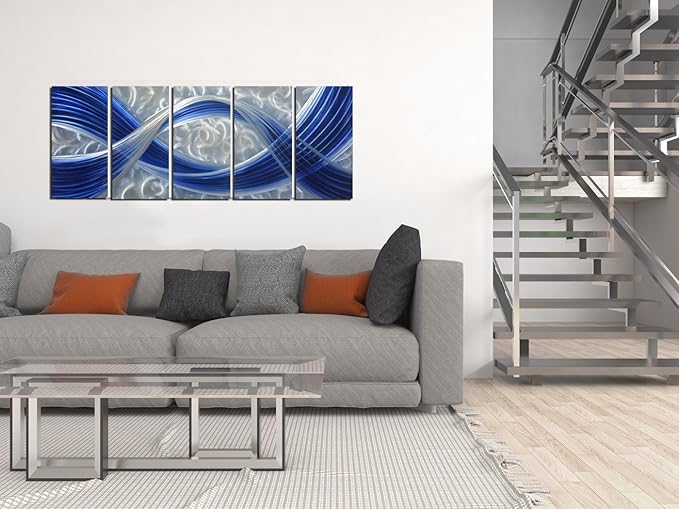MyArton Metal Wall Sculpture, Aluminum Wall Art, Abstract Metal Wall Art, Dark Blue and Silver, 5-Panels 65" x 24" for Living Room, Bed Room, Dining Room, Kitchen, Office, Indoor and Outdoor