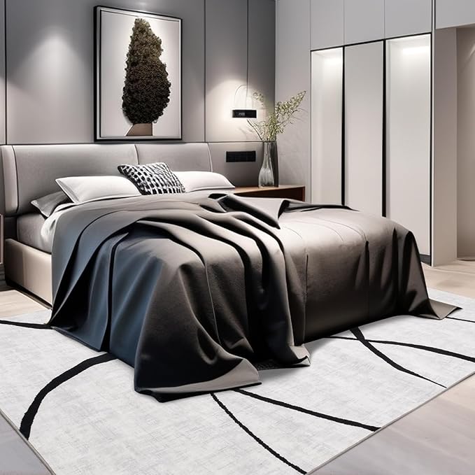 YIHOUSE 5x7 Washable Living Room Rug - Modern Abstract Black and White Area Rug Non-Slip for Bedroom Home Office (Curve, 5'x7'ft)