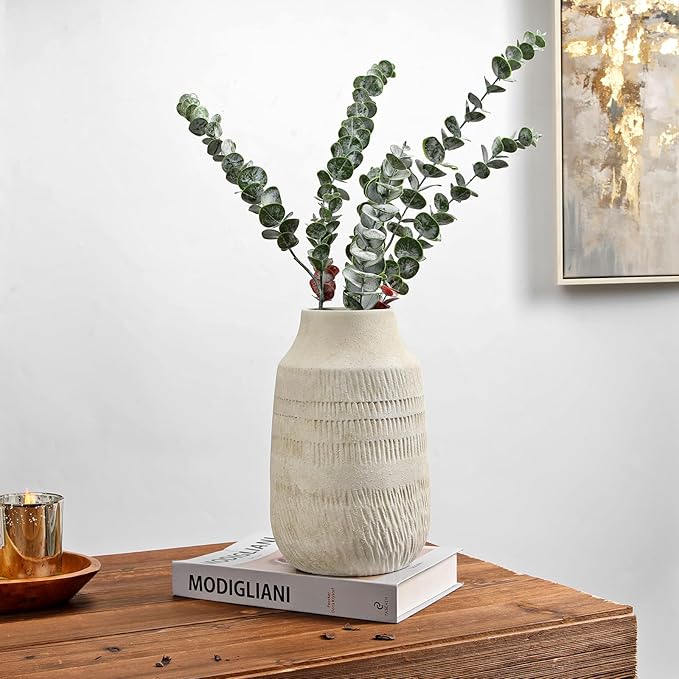 11" Rustic Ceramic Vase with Irregular Flutes Texture & Sand-Grain Surface, Antique Vase for Pampas & Vibrant Flowers, Warm-Toned Style, Beige White
