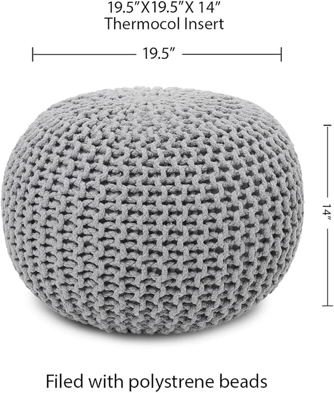REDEARTH · Round Pouf Ottoman - Hand Knitted Cable Boho Poof Home Décor Pouffe Circular Footrest for Living Room - Nursery - Bedroom - Lounge 100% Cotton (19.5”x19.5”x14”) - Gray, Set of 2