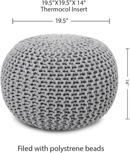 REDEARTH · Round Pouf Ottoman - Hand Knitted Cable Boho Poof Home Décor Pouffe Circular Footrest for Living Room - Nursery - Bedroom - Lounge 100% Cotton (19.5”x19.5”x14”) - Gray, Set of 2
