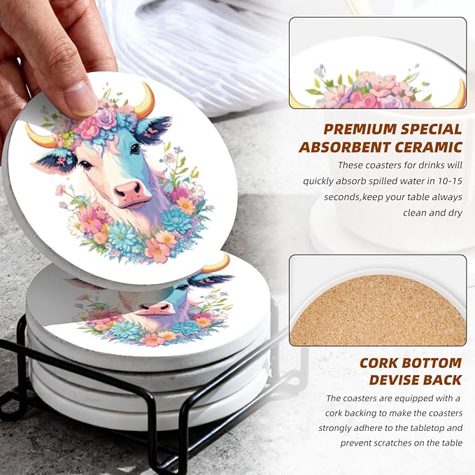 Coasters Set of 6 Ceramic Drink Coaster with Cork Base Modern Style Coasters for Mugs and Cups Office Kitchen 4 in