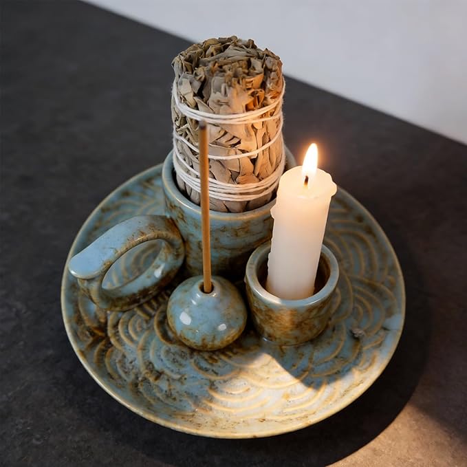 4-in-1Blue Ceramic Palo Santo Burner Holder - Small Incense Burner & Smudge Tray Bowl for Incense Sticks/Cones & Sage - Ideal for Meditation Rooms,Zen and Aromatic Scents - Matches Compatible
