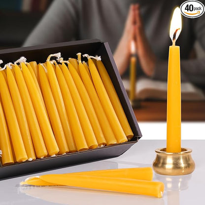 40Pcs 30 Minute Meditation Candles Beeswax Candles, Dripless Mini Beeswax Taper Candles with Brass Candle Holders, Prayer Candle Gift for Yoga Relaxation