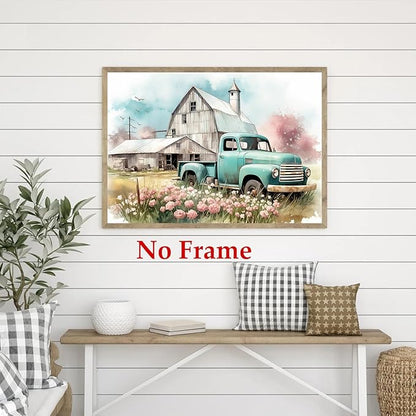 Blue Truck Poster Rustic Landscape Painting Farmhouse Tractor Wall Art Country House Painting Farmhouse Barn Picture Old Tractor Canvas Wall Art Old Barn Poster Blue Farmhouses Picture 16x24in No Frame