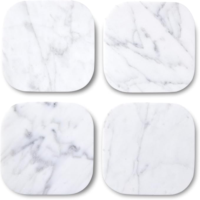 Marble Coasters for Drinks – Square Set of 4 Stone Holders for Dinning Tables, Coffee Tables (Carrara White)