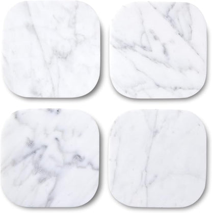 Marble Coasters for Drinks – Square Set of 4 Stone Holders for Dinning Tables, Coffee Tables (Carrara White)
