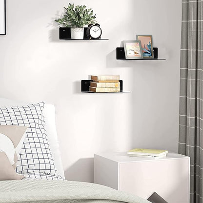 9 Inch Acrylic Floating Shelf No Drill Adhesive Wall Shelf Set of 2 for Funko Pop Storage, Floating Shelves Damage-Free Expand Wall Space for Living Room, Bathroom, Gaming Room, Office - Black