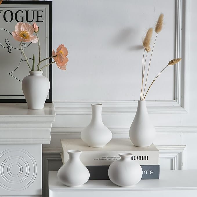 Tanvecle Small White Vases, Ceramic Bud Vase Set of 5, Mini Pottery Vases for Pampas Grass, Flowers, Decorative Vases for Home Modern Decor, Rustic Decor, Veses for Living Room Dining Table Shelves