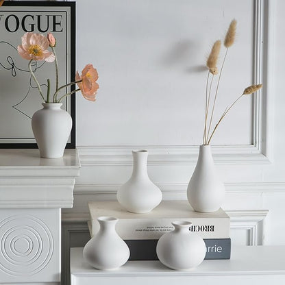 Tanvecle Small White Vases, Ceramic Bud Vase Set of 5, Mini Pottery Vases for Pampas Grass, Flowers, Decorative Vases for Home Modern Decor, Rustic Decor, Veses for Living Room Dining Table Shelves