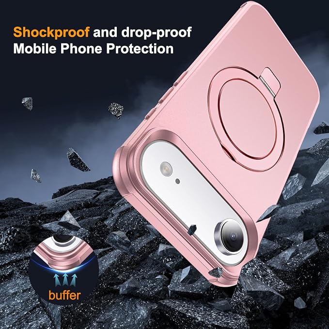 Compatible with iPhone 17 Air Case with Invisible Magnetic O-Ring Stand Military-Grade Phone Case for iPhone 17 Air 6.5" [Compatible with Mag-Safe][Great Grip Feeling], Rose Gold