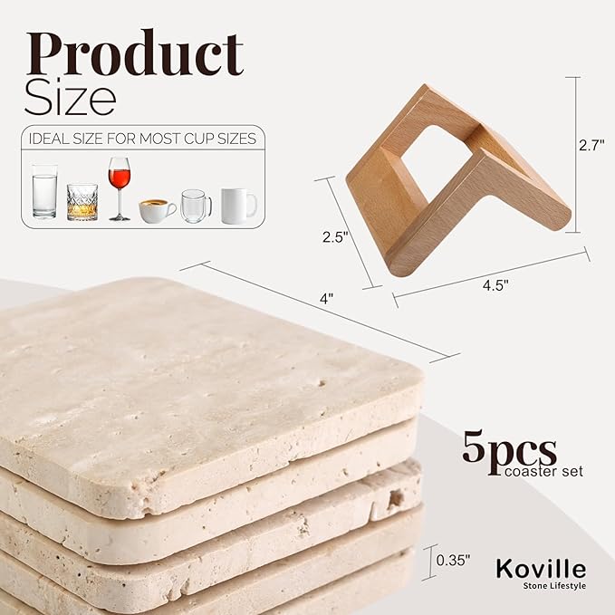Koville Travertine Coasters Set of 5, Square Coasters with Holder for Drinks, 4" Cup Coaster for Coffee Table Home Office Bar Decor, Heat Resistant Natural Stone Drink Coaster(Beige)