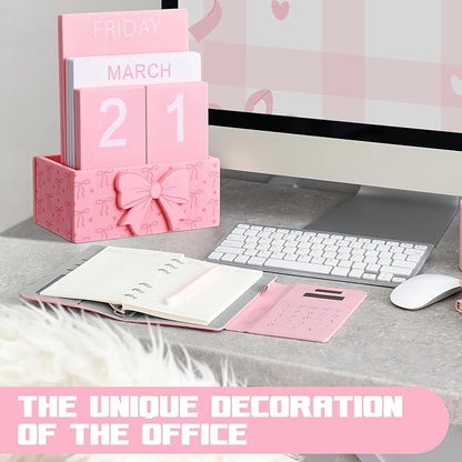 Pink Bow Wood Block Perpetual Calendar Coquettish Desk Decor Cute Month Week Date Display Decorative Block Calendar for Women Office Home Desk Gift for Women