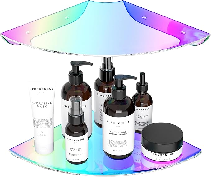 Sezanrpt 9.5x9.5 Inch Acrylic Corner Floating Shelf Set of 2, Iridescent Corner Wall Shelf for Home Décor, Speakers, Security Cameras, Toileries, Plants, Figures, Cosmetics, Books