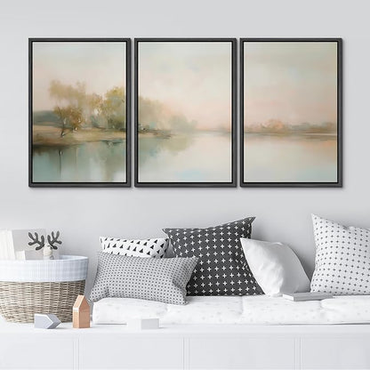 MUDECOR Framed Wall Art Print Set Soft Pastel Landscape Serene Waters and Reflections Illustrations Modern Art Boho Decorative Colorful Chic for Living Room, Bedroom, Office - 16"x24"x3 Black