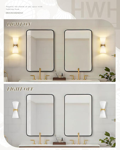 Gold Sconce Wall Lighting, HWH Single Wall Vanity Light Fixture Brushed Gold Wall Sconce Lamp, Modern Indoor Up Down Wall Light with Frosted Milk White Striped Glass Shade, 5HZG97B-2W BG