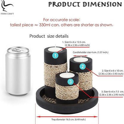 IYARA CRAFT Tealight Candle Holders with Tray – Set of 3 Rustic Black Wooden Candle Holders with Natural Rope Accent, Cozy Home Décor Centerpiece for Living Room, Christmas & Housewarming Gifts
