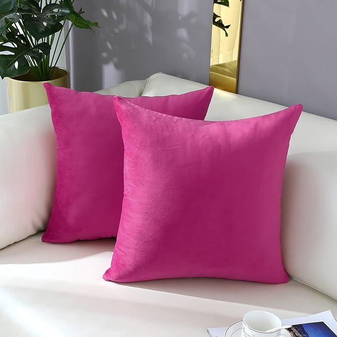 mixeoo Comfy Hot Pink Throw Pillow Covers Decorative Square Velvet Super Soft Cushion Cases Home Decor for Sofa Couch Living Room Chair, Set of 2, 16 x 16 Inch